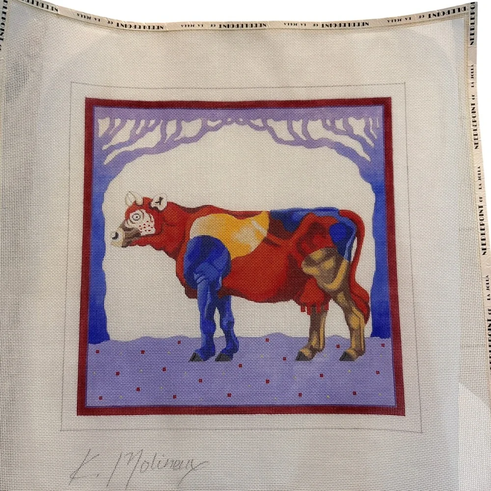 Vintage Kathryn Molineux Patchwork Cow Hand Painted Needlepoint Canvas